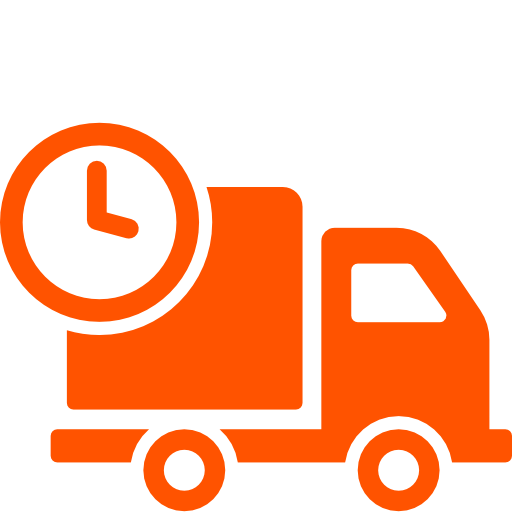 Icône d'un camion de livraison orange avec une horloge, symbolisant un service rapide.